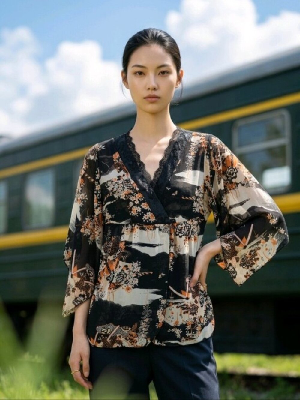 Forever Black Floral Semi Sheer S Top Split Bell Sleeve Empire Waist Satin Trim